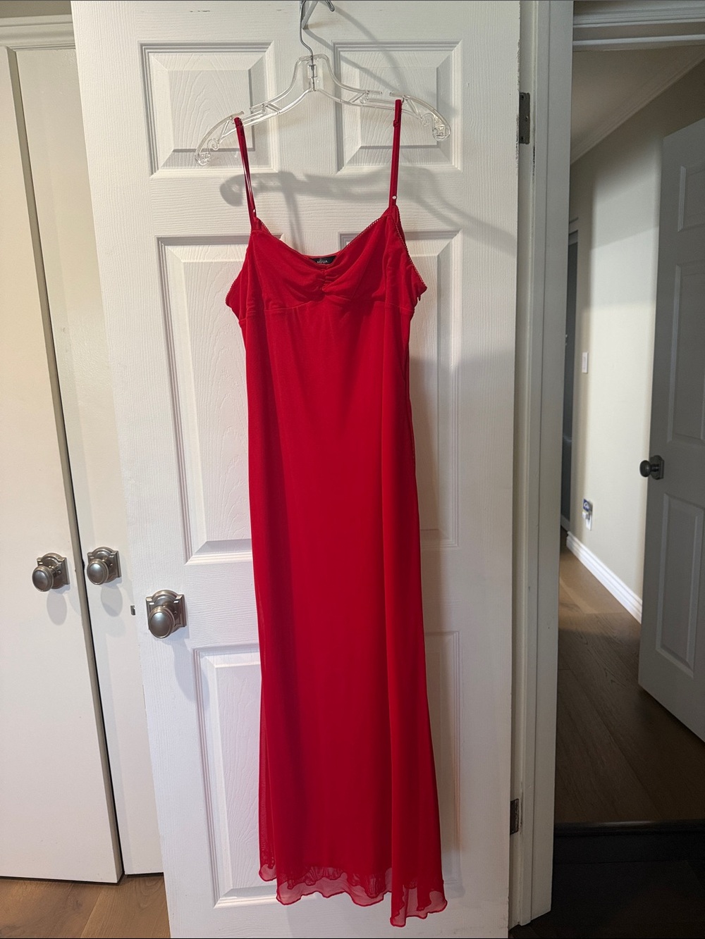 Aqua     Red Spaghetti-Strap Maxi Slip Dress